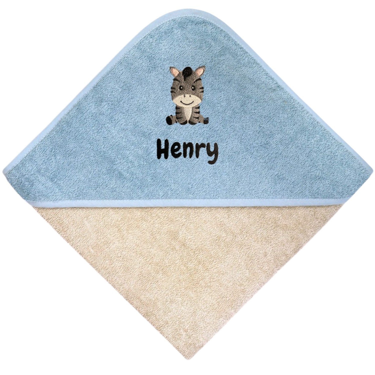 Kapuzenhandtuch mit Namen und Motiv bestickt - Farbe greige-stahlblau - Größe 80x80cm - für Kinder und Babys personalisiertes Handtuch