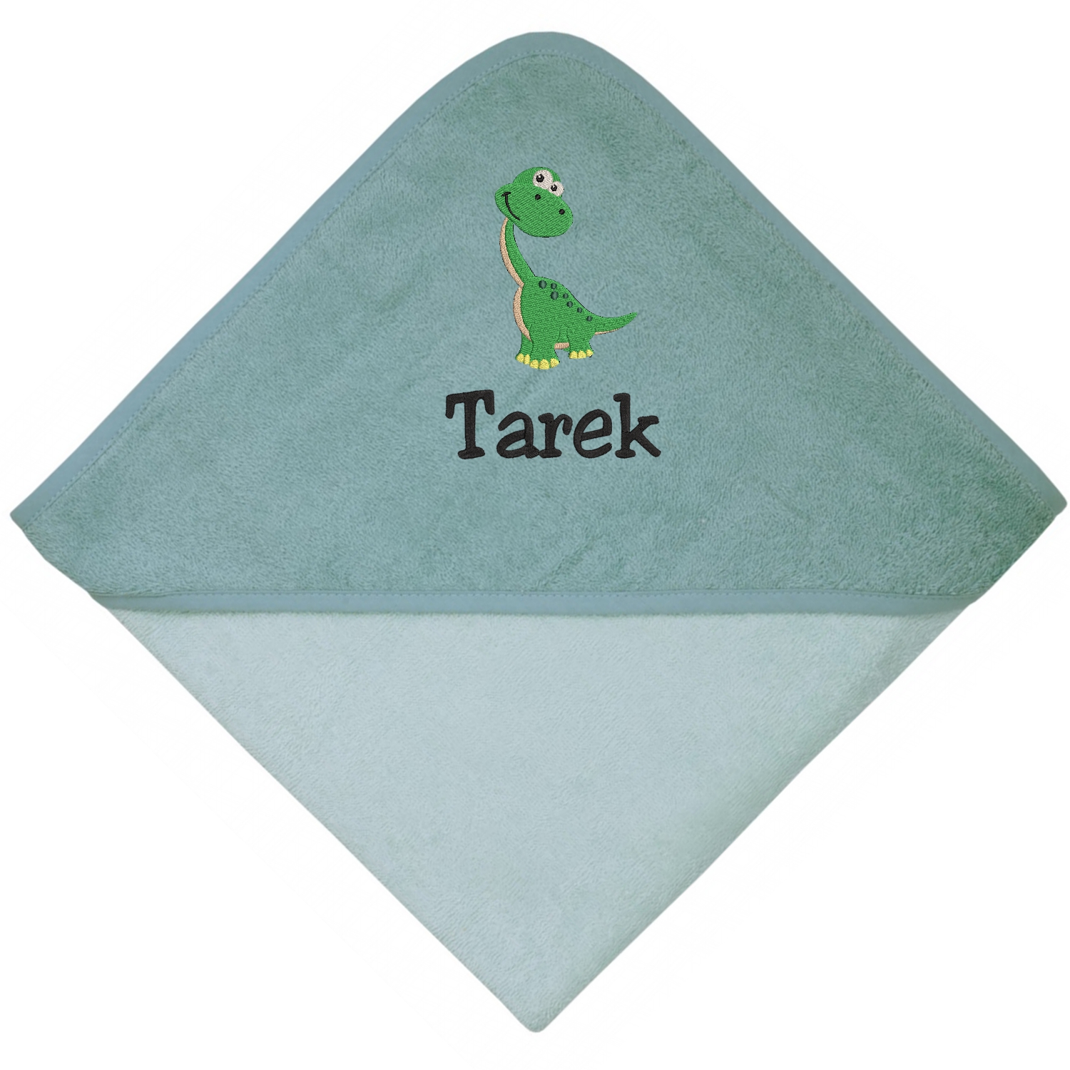 Kapuzenhandtuch mit Namen und Motiv bestickt - Farbe mint-eisblau - Größe 80x80cm - für Kinder und Babys personalisiertes Handtuch