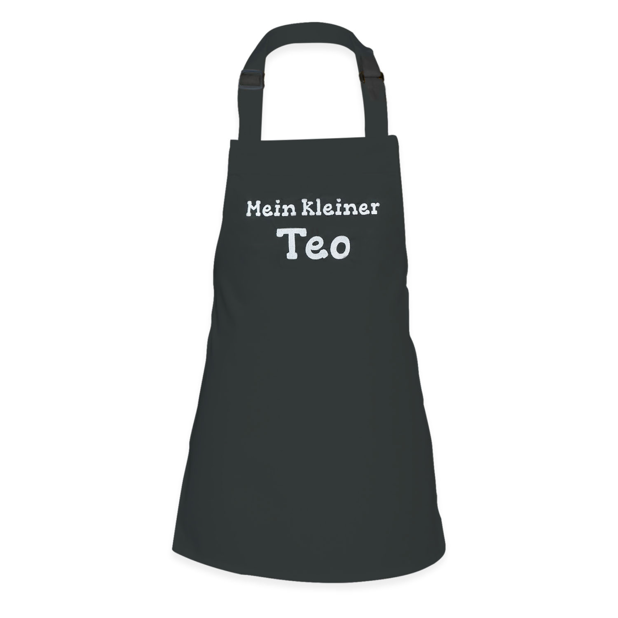 Kinderschürze Kochschürze mit Namen und Motiv bestickt - Farbe: anthrazit - Größe 48x63cm für Kinder 5-10 Jahre zum Kochen Backen und Basteln