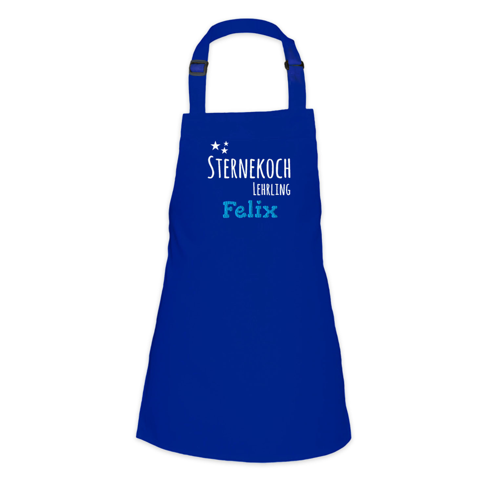 Kinderschürze Kochschürze mit Namen und Motiv bestickt - Farbe: blau - Größe 48x63cm für Kinder 5-10 Jahre zum Kochen Backen und Basteln