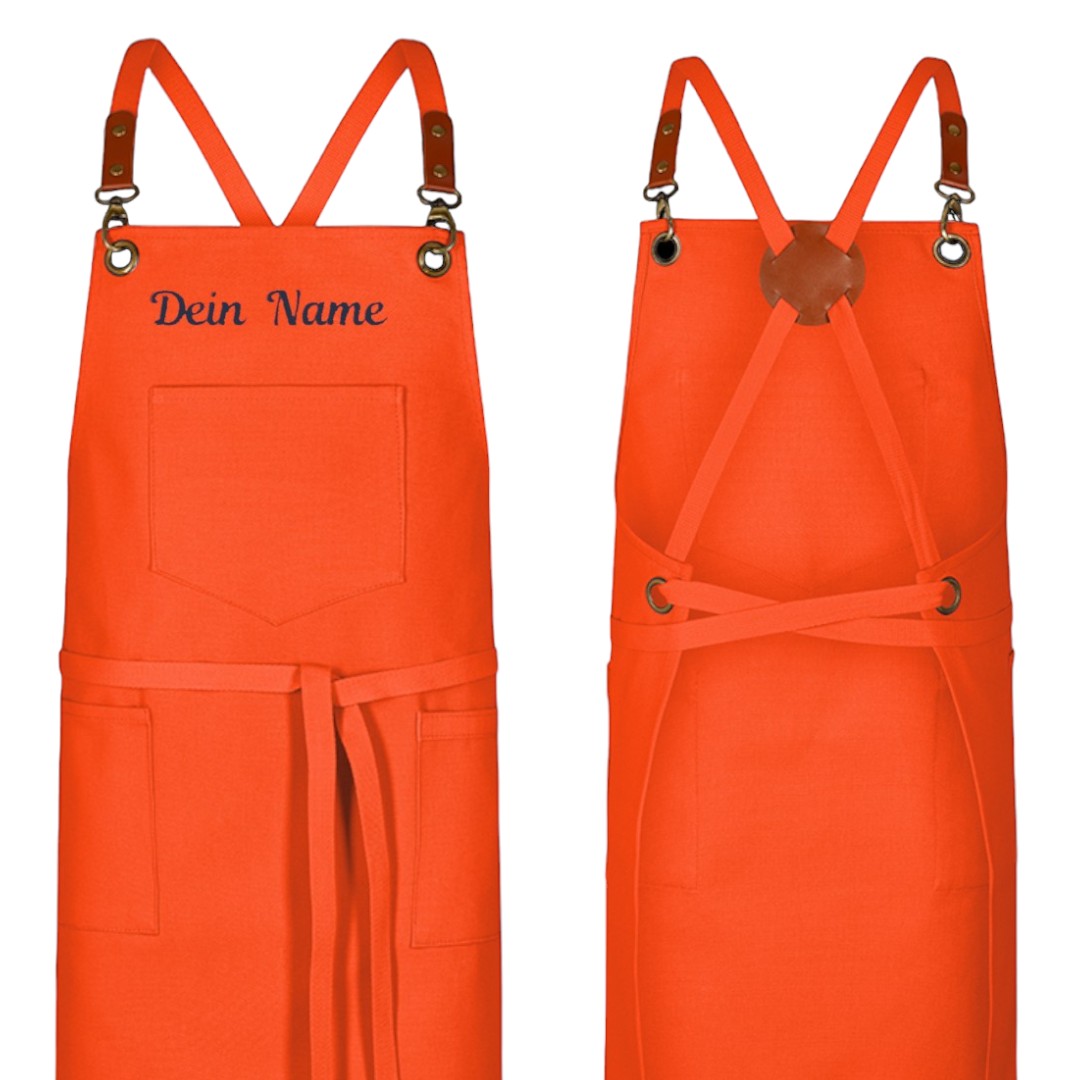 Kurze Schürze mit Namen bestickt - Farbe: orange - Unisex - Größe: 68x77cm - als Grillschürze Kochschürze für Erwachsene